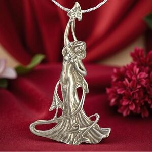 🆕 Sterling Silver Art Nouveau Lady Pendant Signed Vintage Goddess Charm